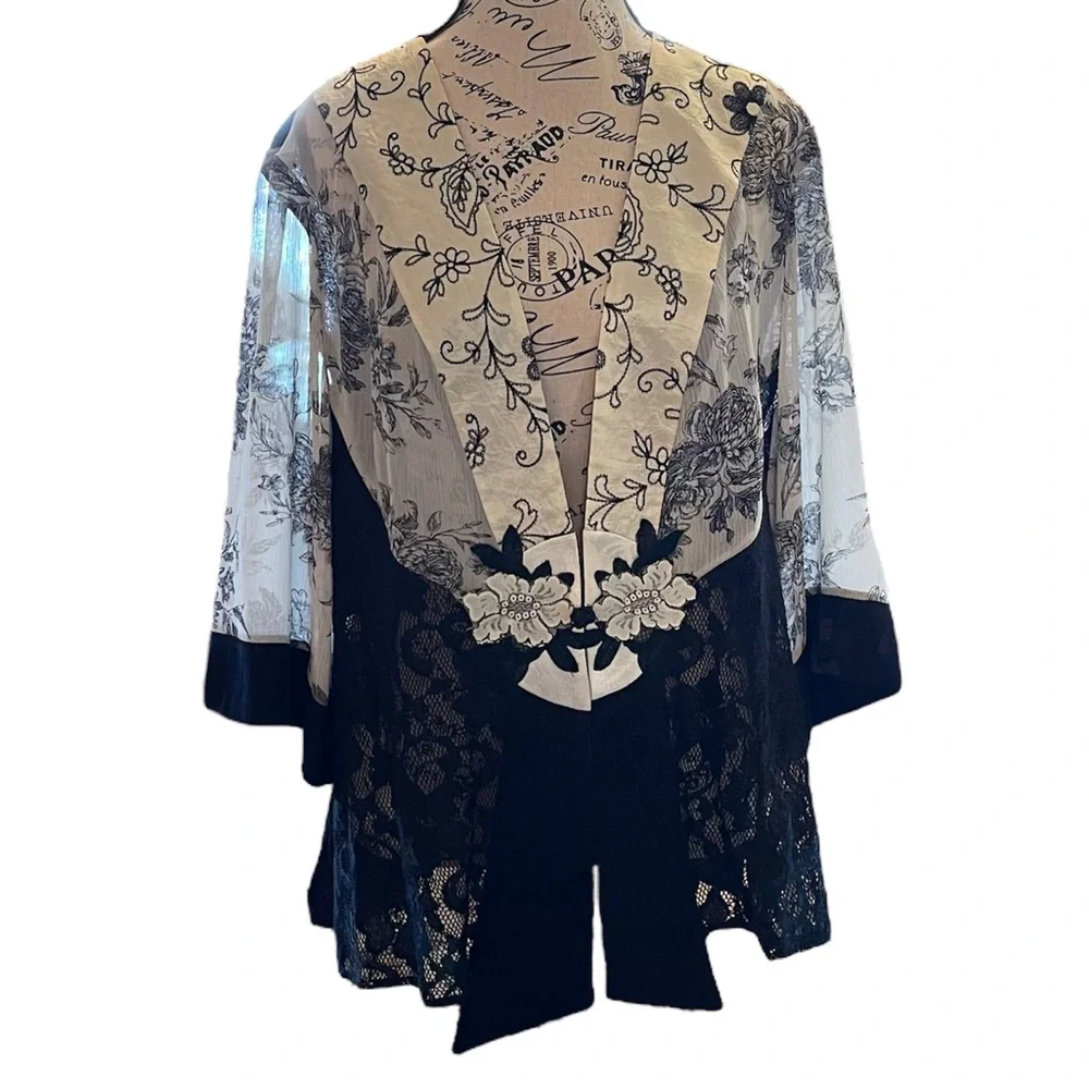 Spencer Alex Black & Cream Vintage 1080’s Kimono Jacket Women’s Size 1X - Picture 2 of 12